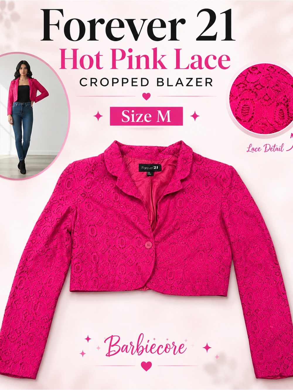 Forever 21 Hot Pink Lace Cropped Blazer Jacket | Size M | Barbiecore